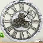 HOIBAI Vintage Industrial Wall Clock, 24 Inch, Rustic Natural Wood, Moving Gears, Silent Non-Ticking, Easy Installation, Large Wall Clock for Living Room Decor