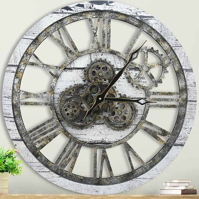 HOIBAI Vintage Industrial Wall Clock, 24 Inch, Rustic Natural Wood, Moving Gears, Silent Non-Ticking, Easy Installation, Large Wall Clock for Living Room Decor