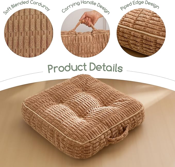 Washable Floor Pillow Cushion for Adults, Meditation Cushion Pillow, Removable Tufted Blended Corduroy Cover, Large Square Floor Sitting for Tatami Living Room or Yoga, 2Pack, Machine Washable