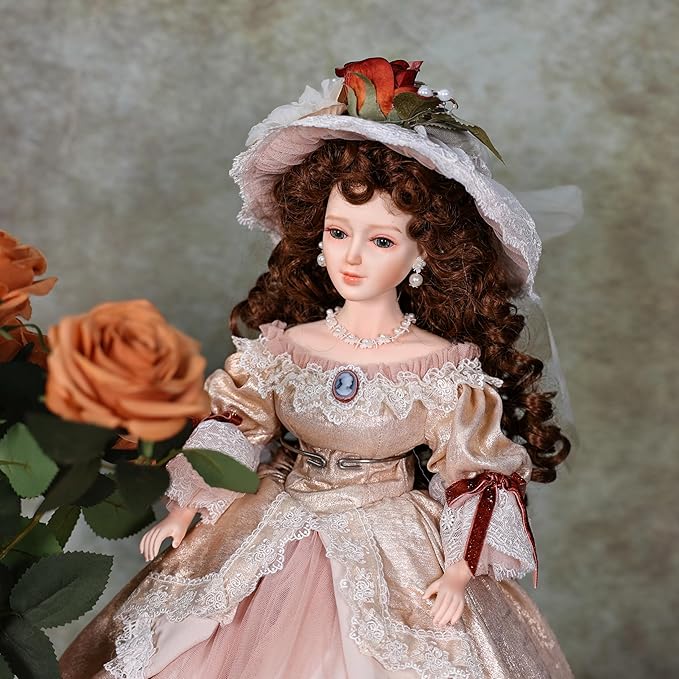 22 Inch 55cm Porcelain ＆ Fabric Victoria Doll, European Retro Handmade Ceramic Doll with Showing Stand for Room Decor, Birthday Gifts, Collectible，Name Lenore