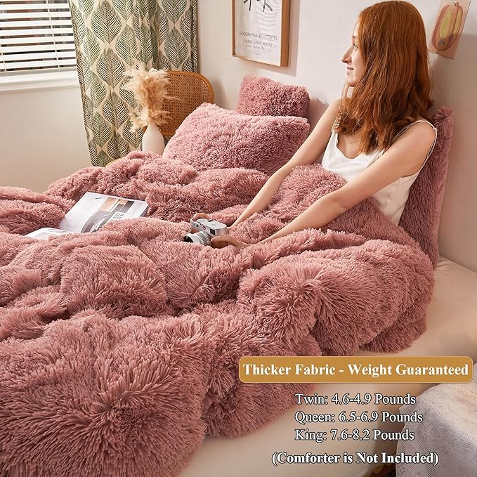 XeGe Plush Shaggy Duvet Cover Set, Luxury Ultra Soft Velvet Fluffy Bedding Sets 3 Pieces(1 Furry Faux Fur Dusty Pink Comforter Cover + 2 Fuzzy Faux Fur Pillowcases), Zipper Closure(Queen, Old Pink)
