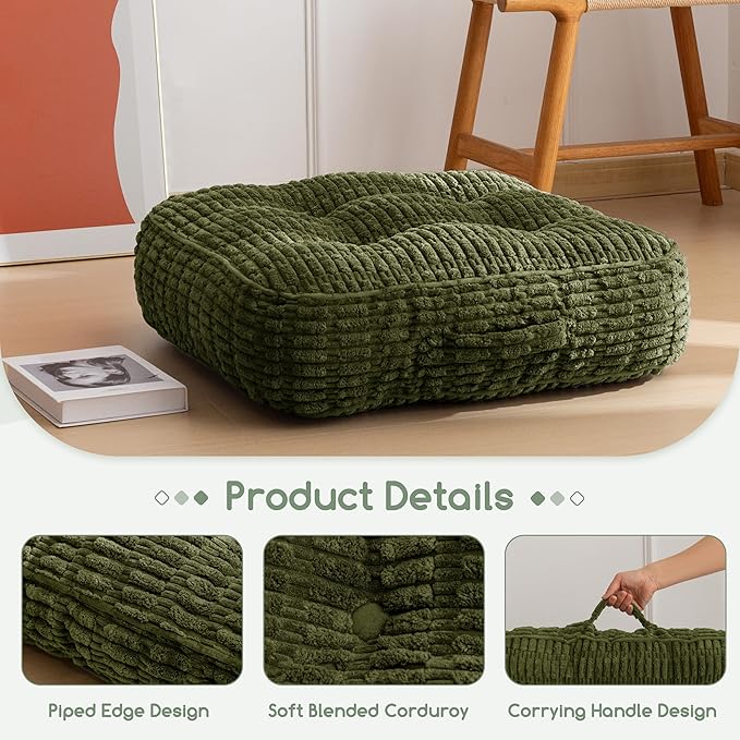 6" Washable Floor Pillow Cushion for Adults, Meditation Cushion Pillow, Removable Tufted Blended Corduroy Cover, Large Square Floor Sitting for Tatami Living Room or Yoga, 22x22 Inch, Machine Washable