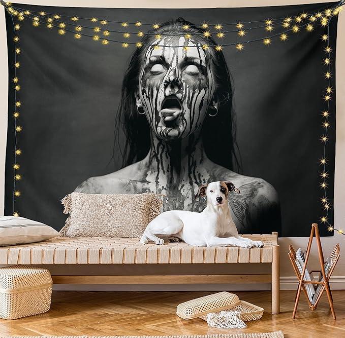 Ambesonne Zombie Tapestry King Size, Unusual Scream Monster Woman with Empty Eyes Looking up Horror Picture Design, Wall Hanging Bedspread Bed Cover Wall Decor, King Size, Black and White