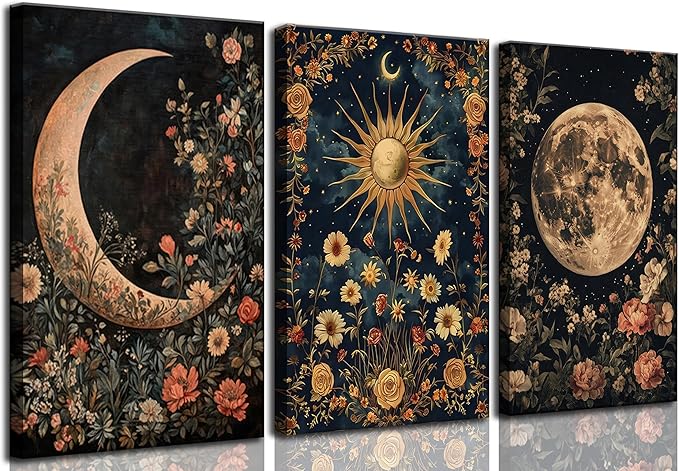 3Pcs Sun and Moon Celestial Canvas Wall Art Vintage Gothic Mystical Crescent Floral Plant Dark Academia Painting Picture Wall Decor Posters Print Artwork for Living Room Bedroom Decoration(24L" x 16W"-Canvas)