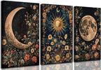 3Pcs Sun and Moon Celestial Canvas Wall Art Vintage Gothic Mystical Crescent Floral Plant Dark Academia Painting Picture Wall Decor Posters Print Artwork for Living Room Bedroom Decoration(24L" x 16W"-Canvas)