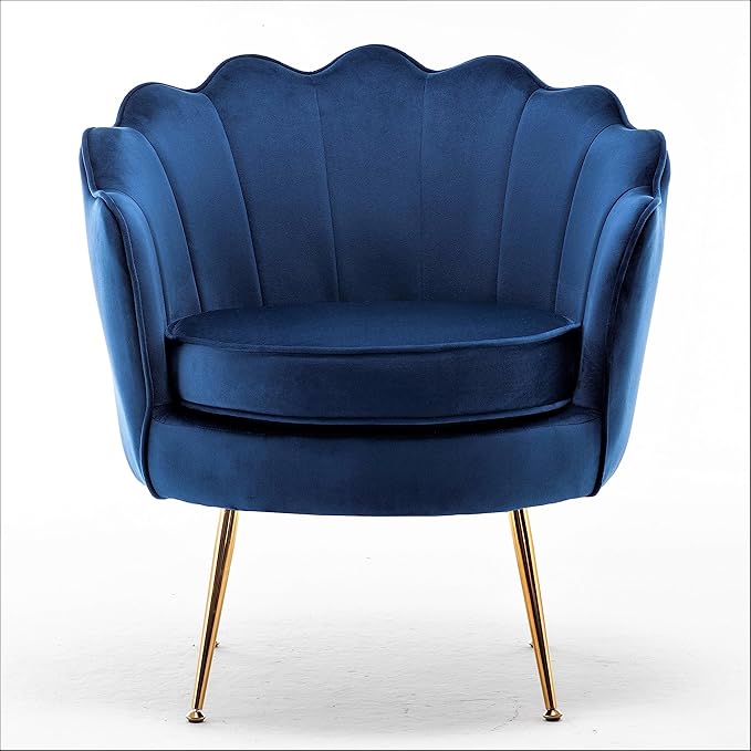 Velvet Barrel Accent Chair with Scalloped Silhouette and Gold Metal Legs, Decorative Piece Suitable for Traditional, Modern, and Contemporary Spaces, Navy Blue