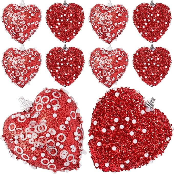 Red Valentine's Day Heart Ornaments 10Pcs Glitter Sequin Heart Shaped Baubles Decoration Valentines Pearl Foam Hanging Decor(2.36in)