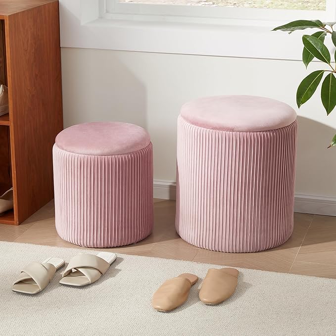 Royal Windsor Round Ottoman with Storage Set of 2,Vanity Stool with Storage for Bedroom, Ottoman Coffee Table,Small Velvet Foot Stool for Living Room, Pink