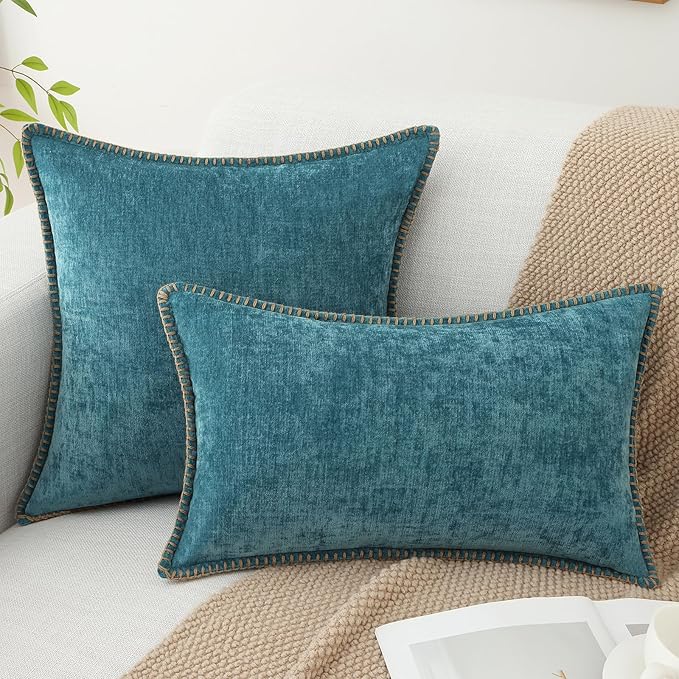 decorUhome Spring Chenille Soft Cozy Throw Pillow Covers 16x16 Set of 2, Modern Farmhouse Boho Velvet Decorative Pillow Cases with Stitched Edge for Couch Sofa Bed Home Decor, Teal