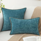 decorUhome Spring Chenille Soft Cozy Throw Pillow Covers 18x18 Set of 2, Modern Farmhouse Boho Velvet Decorative Pillow Cases with Stitched Edge for Couch Sofa Bed Home Decor, Teal