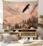 Ambesonne Eagle Tapestry, Nature Photography of Rocky Mountains and Forest a Bird Flying over It, Fabric Wall Hanging Decor for Bedroom Living Room Dorm, 30" X 45", Rose Green