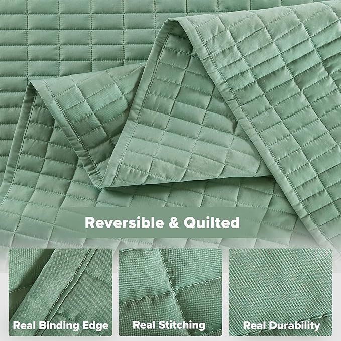 Comfort Spaces Sage Green Oversized Queen Quilt Set 102"x118" Bedspread Quilted Summer Lightweight Microfiber Bedding Coverlet with Double Sided Stitching Soft All Season 3 Piece with Matching Shams