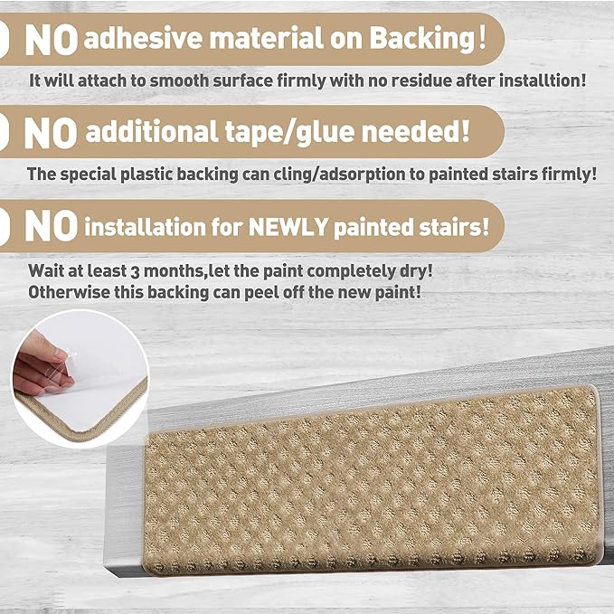 PURE ERA Bullnose Carpet Stair Treads Set Tape Free Non-Slip Indoor Stair Protectors Pet Friendly Rugs 9.5" x 30"(2 Pieces,Khaki Mini-Diamond Trellis)