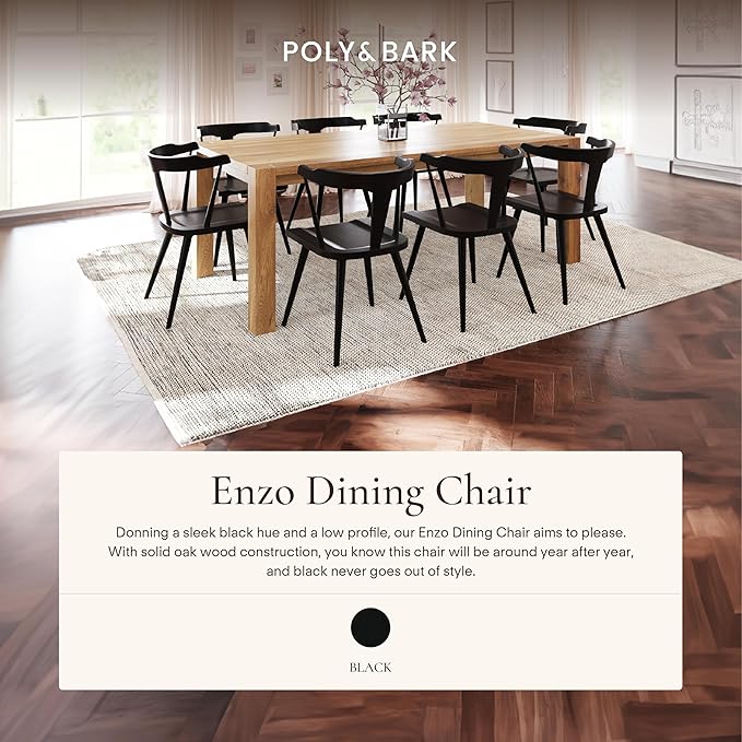 Poly & BARK Mid Century Modern Enzo Black Dining Chair – Solid Oak Wood Splat Back Chair, 18" Seat Height, 32" Tall – Stylish MCM Kitchen & Dining Room Chair - Set of 4