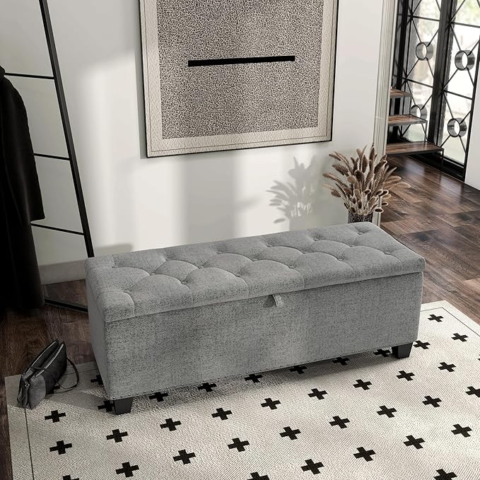 24/7 Shop at Home Sacallant Modern Linen Storage Bench with Button-Tufted Lift-Top, Upholstered Footstool, Rectangular Ottoman for Living Room, Bedroom, Entryway, Grey