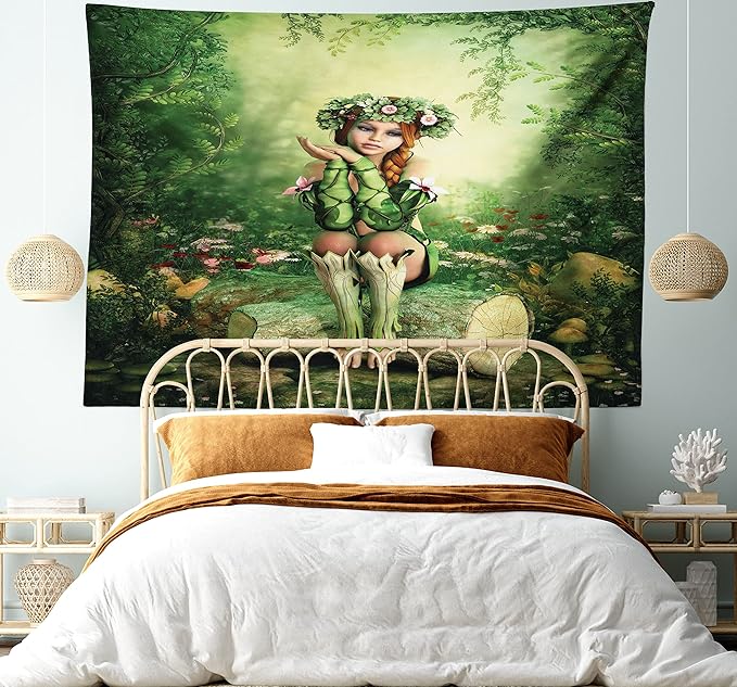 Ambesonne Tale Tapestry, Computer Art Elf Girl Wreath Her Head Sitting on a Tree Stump, Wide Wall Hanging for Bedroom Living Room Dorm, 60" X 40", Green Beige Pink