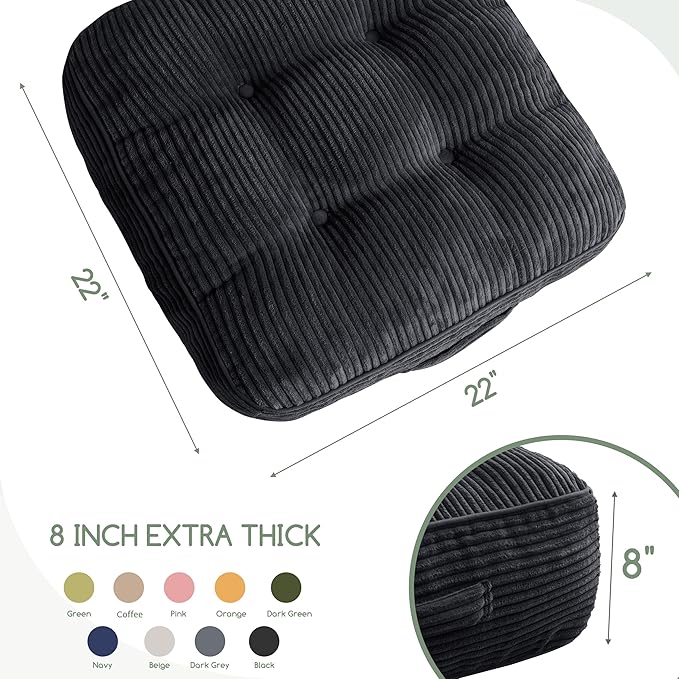 8" Washable Floor Pillow Cushion for Adults, Meditation Cushion Pillow, Large Square Floor Sitting, Removable Tufted Corduroy Cover, for Tatami Living Room or Yoga, 22x22 Inch, 2Pack, Machine Washable