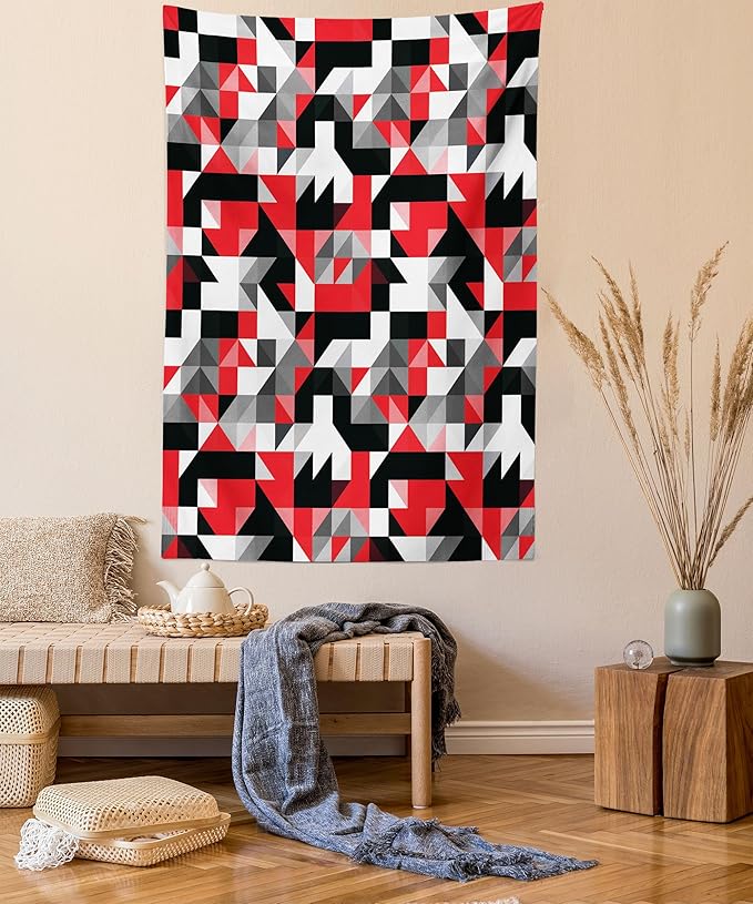 Ambesonne Abstract Tapestry Twin Size, Abstract Geometric Half Triangles Squares Maze Inspired Image, Wall Hanging Bedspread Bed Cover Wall Decor, 68" X 88", Charcoal Vermilion