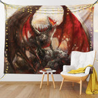 Ambesonne Fantasy World Tapestry, Majestic Dragon Resting on Mountain Mythological Fire-Spewing Creature Print, Fabric Wall Hanging Decor for Bedroom Living Room Dorm, 45" X 30", Brown Red