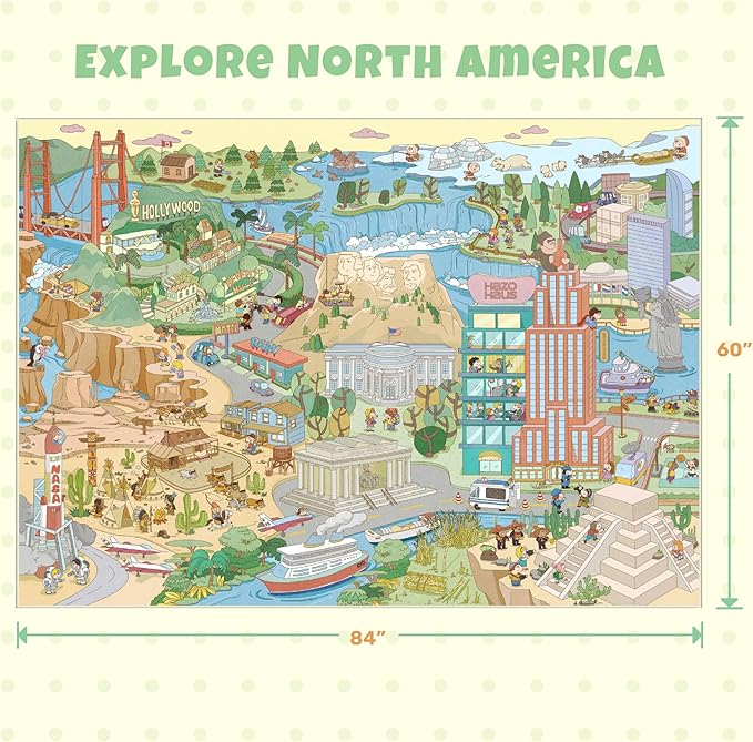 Washable Kids Rug 5x7 North America Map for Playroom – Educational Carpet for Preschool, Daycare, Classroom – Learn Geography, Animals & Landmarks – Fun Washable Activity Rug for Large Kids