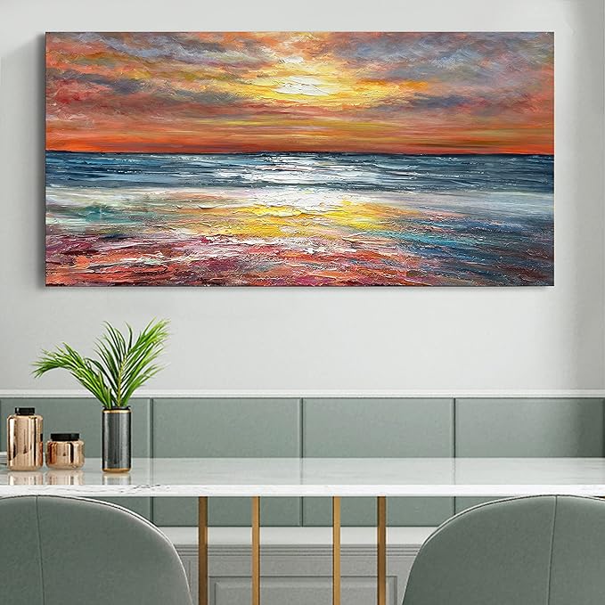 Art Sea Sunrise Landscape Modern Abstract Oil Painting Canvas Oil Painting Wall Art Decoration 24x48 inch