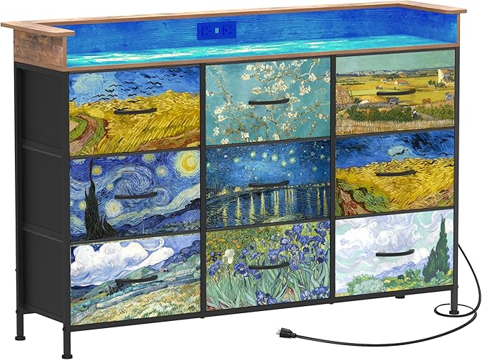 EXOTICA Welfuturer Dresser for Bedroom Van Gogh Dressers with 9 Drawers Chest of Drawers Fabric Clothes Drawer Fabric Closet Organizer for Living Room Entryway Nursery Sturdy Steel Frame Wood Top