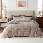 Bedsure Fluffy Duvet Cover Set - Ultra Soft Plush Shaggy Comforter Cover Queen Size, Warm Flannel Fleece Bed Sets for Winter, 3 Pieces (Striped Pattern, Khaki)