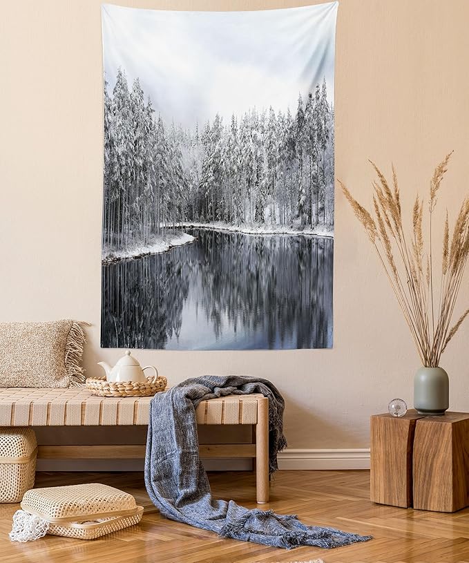 Ambesonne Woodland Tapestry, Lake Surrounded by Snow Covered Trees on a Cold Winter Day in Finland Reflections, Fabric Wall Hanging Decor for Bedroom Living Room Dorm, 30" X 45", White Brown