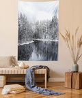 Ambesonne Woodland Tapestry Twin Size, Lake Surrounded by Snow Covered Trees on a Cold Winter Day in Finland Reflections, Wall Hanging Bedspread Bed Cover Wall Decor, 68" X 88", White Brown