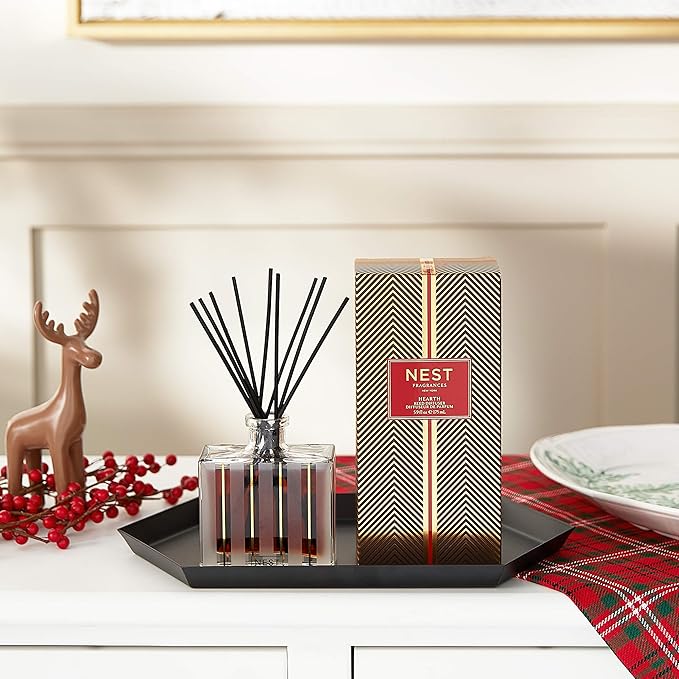 NEST New York Reed Diffuser, Hearth - 5.9 fl oz - Fragrance for Up to 90 Days - Reusable, Refillable Glass Holder - Includes 8 All-Natural Reed Sticks - Flame Free