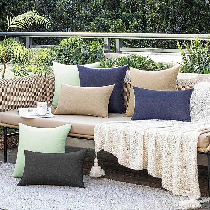MIULEE Pack of 2 Decorative Outdoor Solid Waterproof Throw Pillow Covers Faux Linen Garden Farmhouse Cushion Cases for Patio Tent Balcony Couch Sofa 20x12 Inch Light Tan