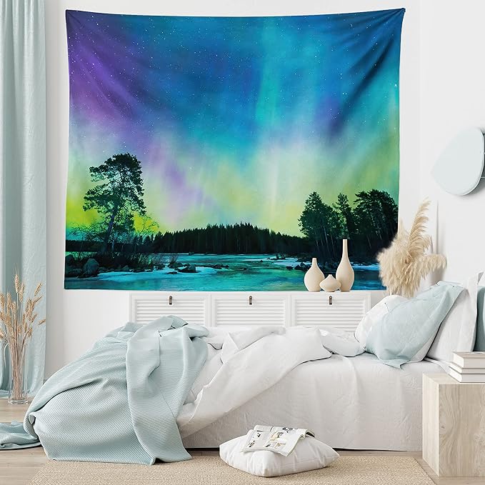 Ambesonne Aurora Borealis Tapestry, Sky over Lake Surrounded Forest Woods Hemisphere Print, Fabric Wall Hanging Decor for Bedroom Living Room Dorm, 45" X 30", Violet Blue Lime Green