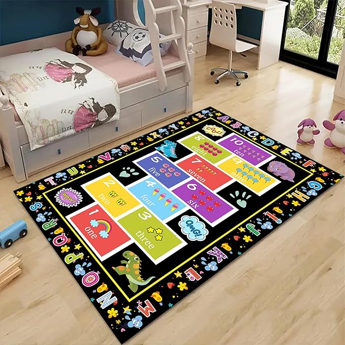 Educational Play Rug 5x7ft - ABC & 123 Learning Mat for Toddlers with Animal Designs - Non-Slip Washable Rug for Playroom, Preschool, Daycare Classroom