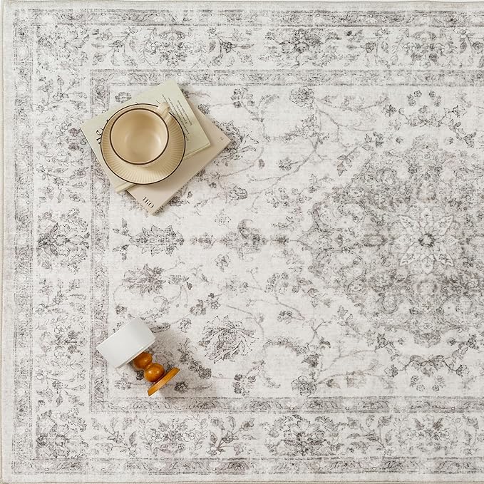 9x12 Area Rug Gray Washable Living Room Vintage Carpet Bedroom Large Non Slip Soft Low Pile Soft Thin Dining Room Office Accent Throw Rug