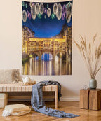 Ambesonne Landscape Tapestry, Night Panoramic View Vecchio Bridge Florence Italy Colorful Fireworks, Fabric Wall Hanging Decor for Bedroom Living Room Dorm, 23" X 28", Purple Yellow