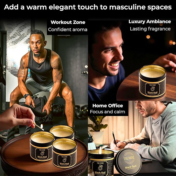 Black Oud Candle Highly Scented Soy Candel Natural Non Toxic Velas Aromáticas Gift for Men 5Oz Decorative Tin Jars with Lids Pack of 3