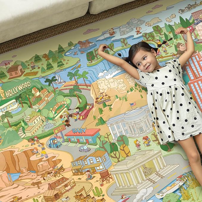 Large Kids Area Rug 6x9 – Interactive North America Map Carpet with States, Animals & Famous Landmarks – Soft Non-Slip Learning Play Mat for Kindergarten, School, or Bedroom Décor