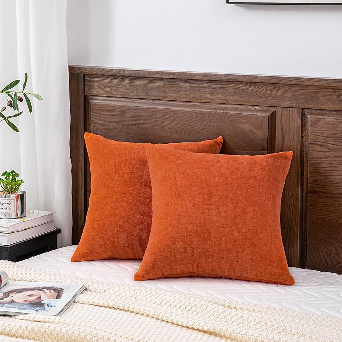 GAWAMAY Decorative Chenille Throw Pillow Covers 26x26 Inch Pack of 2, Soft Square Couch Pillow Cover for Sofa Cushion Living Room Bedroom Solid Dyed Oversized Pillowcases Orange 66x66cm (ONLY Covers)
