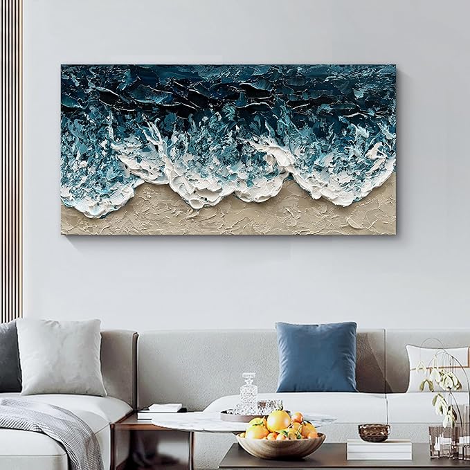 Art Hand-Painted Blue Ocean Beach Landscape Oil Painting Large Abstract Canvas Art Home Wall Decoration 24x48 inches