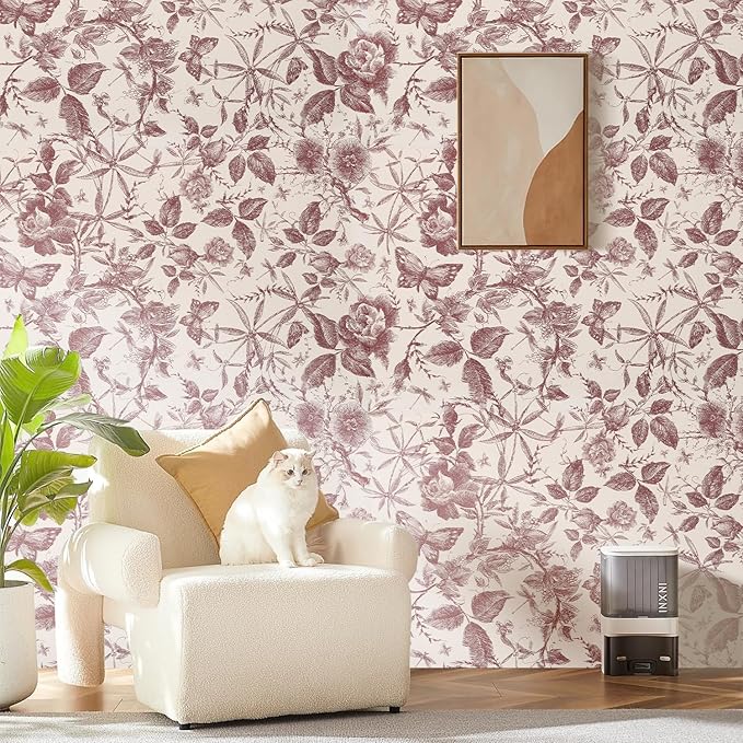 Drawers Liner Contact Paper for Dresser Peel and Stick Wallpaper Sketched Design 15.7x787.4in Self Adhesive Removable Red Maroon Rose Floral Butterfly Vintage Cabinet Shelf Renter Friendly