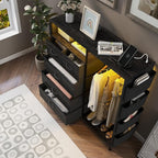 Dresser for Bedroom with Clothes Rack Side Pockets 5 Drawer Dresser with Charging Station LED Lights Black Storage Chest of Drawers for Nursery Hallway Closet Sturdy Steel Frame Wood Top
