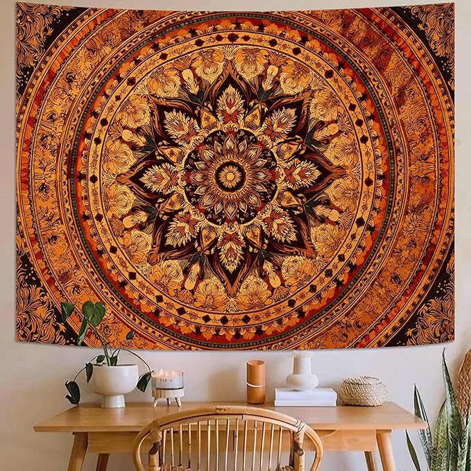 Lifeel Orange Mandala Tapestry, Bohemian Medallion Hippie Decor Home Tapestries for Bedroom Living Room, 36x48 inches