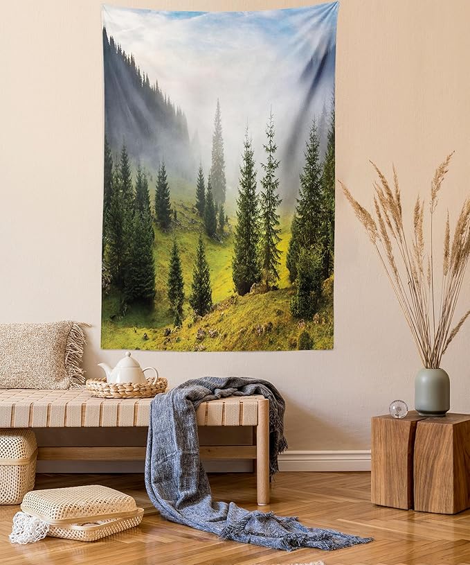 Ambesonne Forest Tapestry Queen Size, Fir Trees on Meadow Between Hillsides Conifer Woodland in Fog Before Sunrise, Wall Hanging Bedspread Bed Cover Wall Decor, 88" X 88", Gray Green