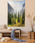 Ambesonne Forest Tapestry, Fir Trees on Meadow Between Hillsides Conifer Woodland in Fog Before Sunrise, Fabric Wall Hanging Decor for Bedroom Living Room Dorm, 23" X 28", Gray Green
