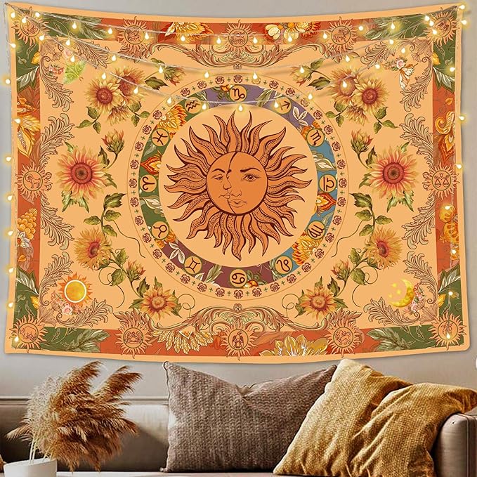 Accnicc Yellow Sun and Moon Tapestry Vintage Indie Boho Tapestry Wall Hanging with Sunflowers Butterfly Moth Constellation Aesthetic Wall Tapestries for Bedroom Dorm Living Room (Orange, 80'' × 60'')
