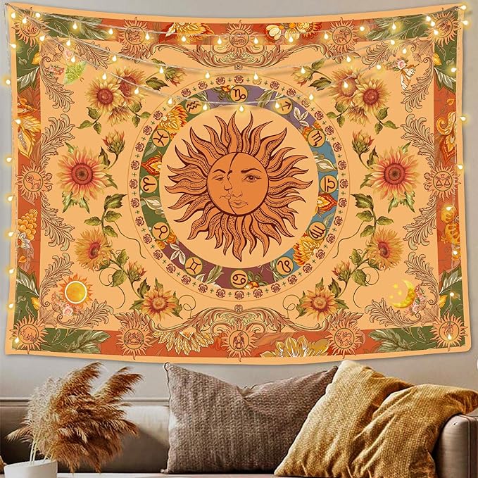 Accnicc Yellow Sun and Moon Tapestry Vintage Indie Boho Tapestry Wall Hanging with Sunflowers Butterfly Moth Constellation Aesthetic Wall Tapestries for Bedroom Dorm Living Room (Orange, 48'' × 36'')