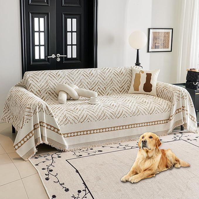 HAOMAIJIA Non Slip Couch Cover Sofa Covers for 3 Cushion Couch Washable sectional Couch Covers for Dogs pet Furniture Protector Couch Cover Blanket for Living Room (MR-Khaki, 71"x118")