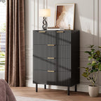 GarveeHome Black Wave Fluted 5 Drawer Dresser for Bedroom, Modern Wood Chest of Drawers with Wide Drawers, Closet Dresser Organizer with Anti-Tipping Device and Metal Legs for Hallway Entryway