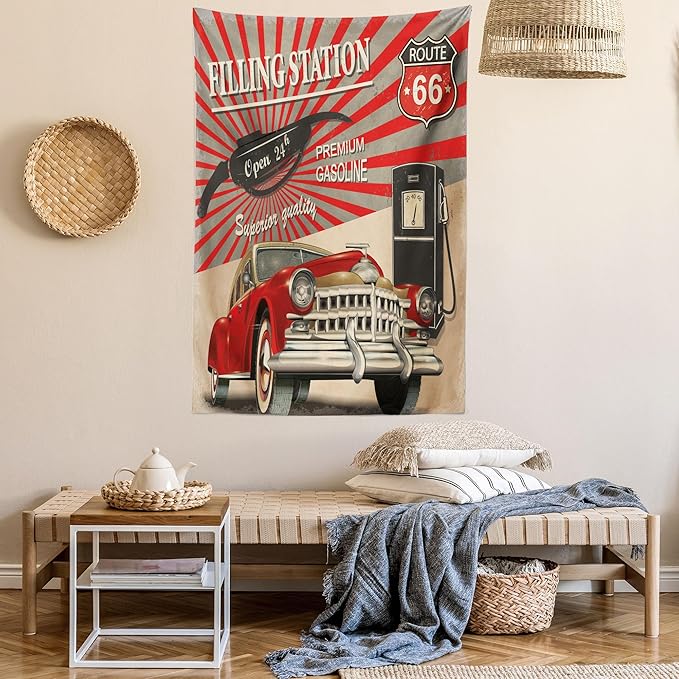 Ambesonne Cars Tapestry, Poster Style Image Gasoline Station Commercial Element Route 66 IllustrationPrint, Wall Hanging for Bedroom Living Room Dorm Decor, 60" X 80", Vermilion Beige
