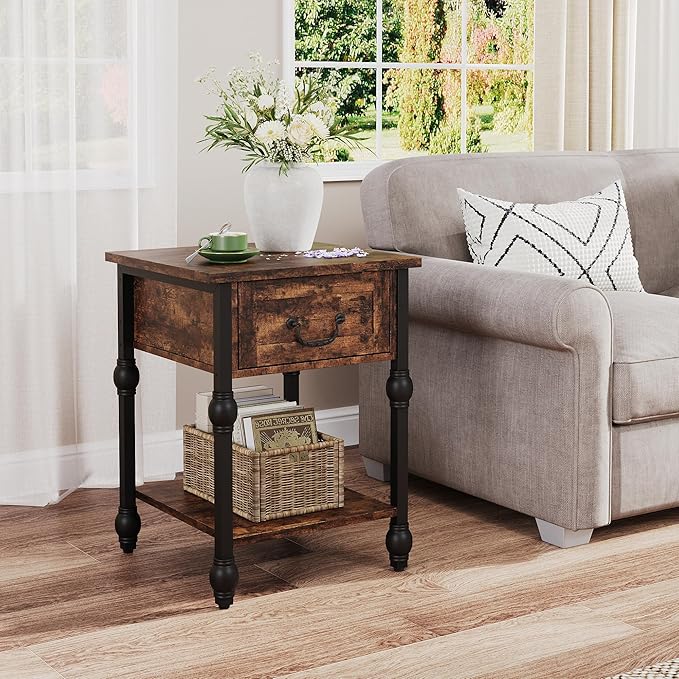 Takywep Small End Table with Drawer & Open Shelf, Vintage Nightstand with Gourd Joint Details, Apartment Square Sofa Beside Table with Storage Shelf for Living Room, Bedroom, 16 * 23in Retro Brown